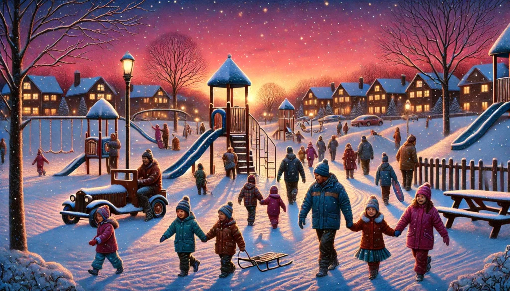 DALL·E 2024-12-04 16.37.31 - A richly detailed winter scene capturing the magical transition to evening as the sun sets over the snowy playground in the 'snow mountains' park. The