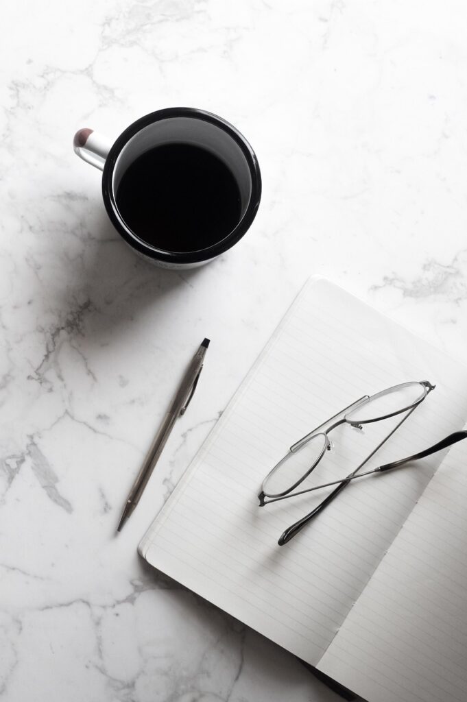 cup, black, coffee, espresso, notebook, coffee cup, pen, office, eyeglasses, work, desk, table
