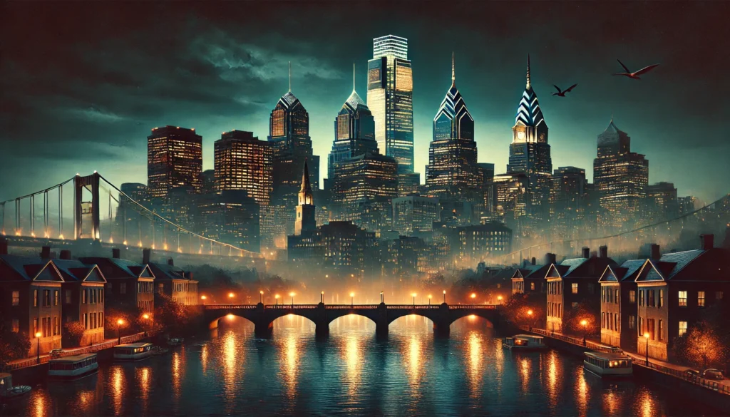 DALL·E 2026-03-07 17.36.07 - A high‑resolution cinematic night scene of the Philadelphia skyline viewed from across the Schuylkill River, wide panoramic composition. The recogniza